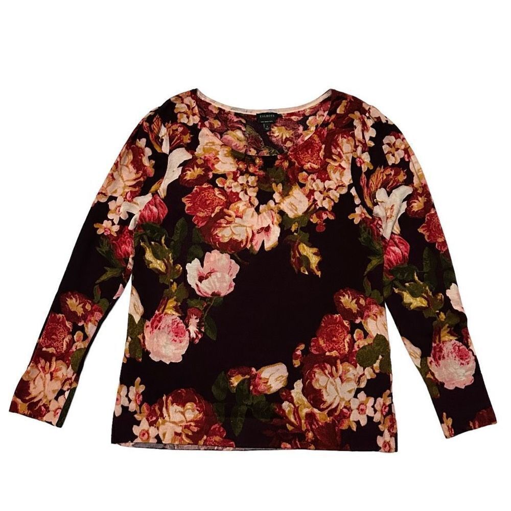 Talbots Pure Merino Wool Gathered Shoulder Sweater - Burgundy Floral, S - Picture 2 of 10